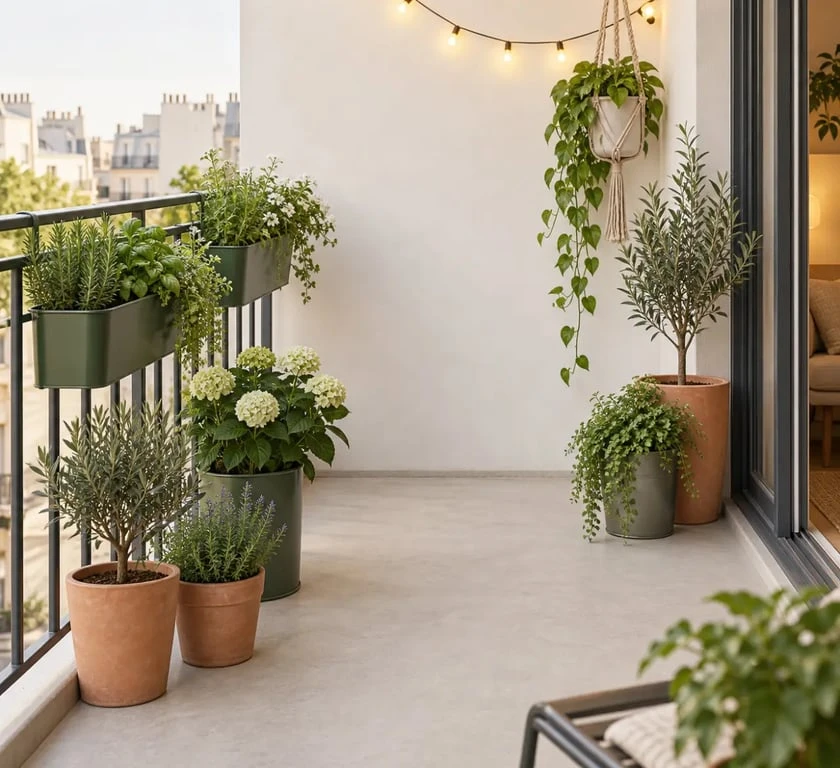 Décoration de jardin pas chère sur un petit balcon avec jardinières et éclairage extérieur