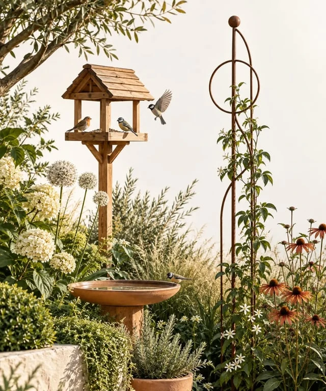 Décoration de jardin originale avec mangeoire, abreuvoir et objets décoratifs parmi les plantes