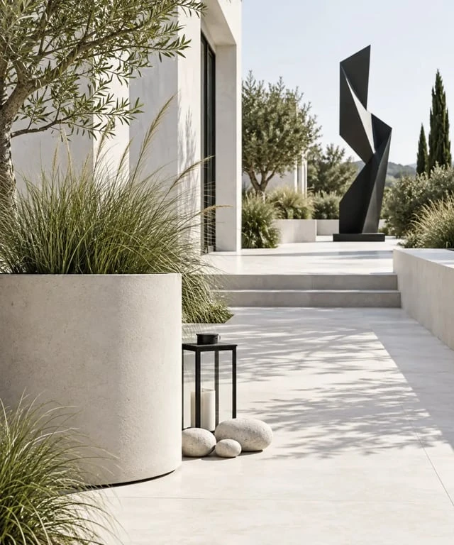 Décoration de jardin originale avec sculpture, lanterne et graminées dans un extérieur contemporain