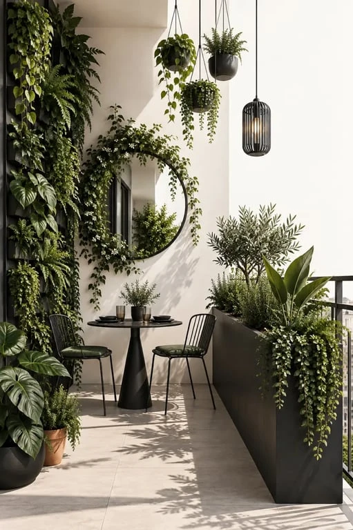 Décoration de jardin originale sur un petit balcon avec miroir, pots suspendus et lanterne