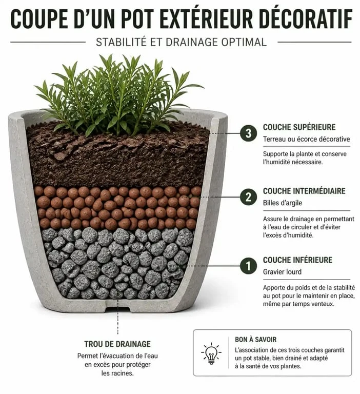 Schéma d'installation et lestage d'une plante artificielle en pot pour l'extérieur