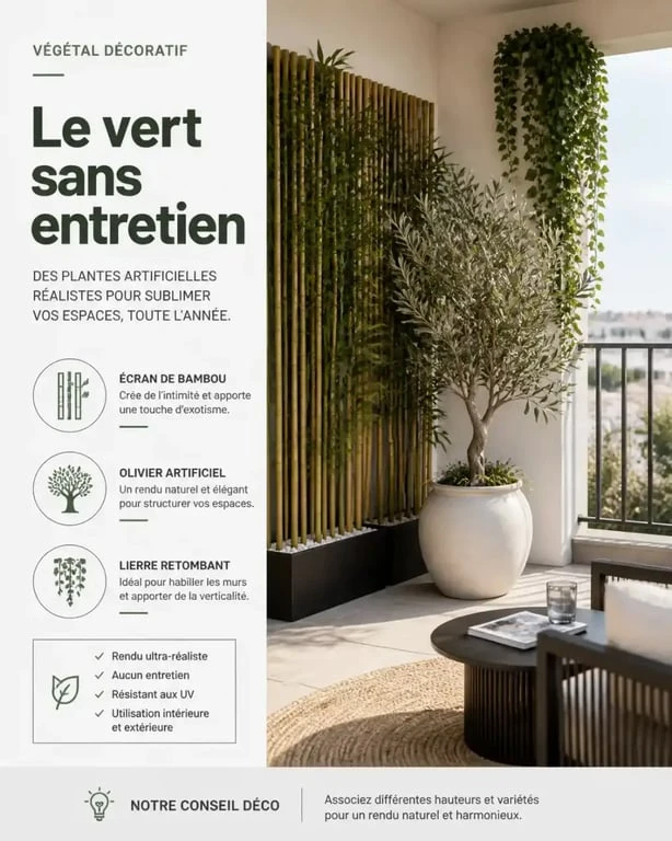 Aménagement de terrasse avec des plantes artificielles extérieur réalistes comme des bambous et un olivier