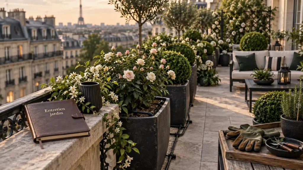 Entreprise entretien jardin luxe Paris : terrasse désherbée et arrosage goutte-à-goutte