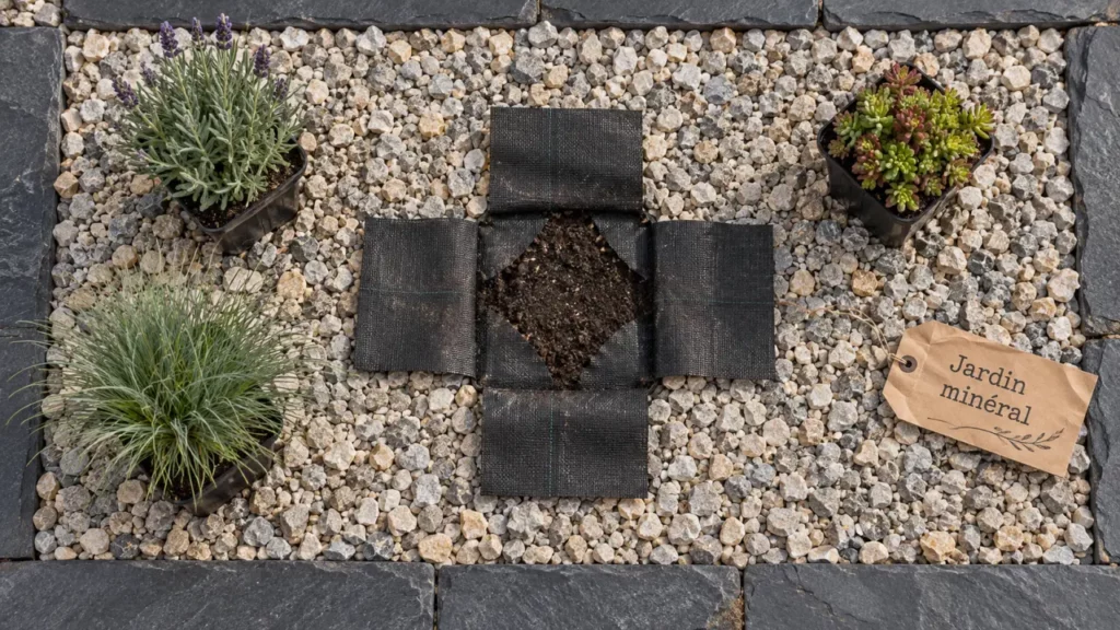 Jardin minéral sans entretien : gravier et toile de paillage