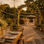 mariage dans un jardin décoration : allée et table dressée, arche fleurie