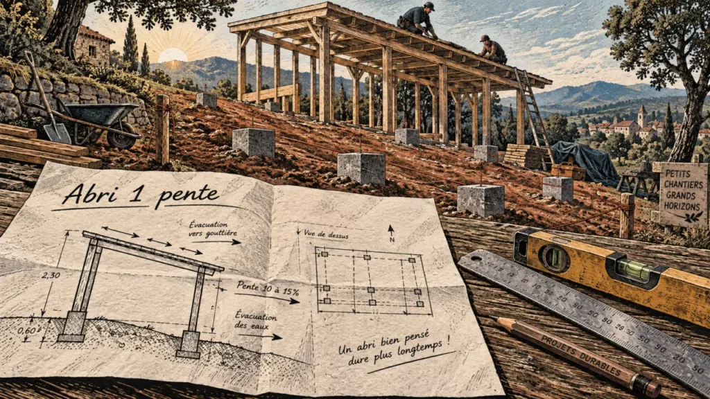 Plan abri de jardin 1 pente : schéma de coupe sur chantier