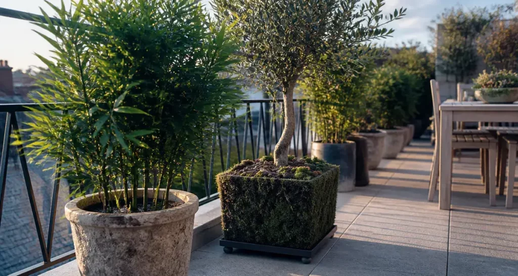 Plantes artificielles extérieur réalistes sur terrasse urbaine durable