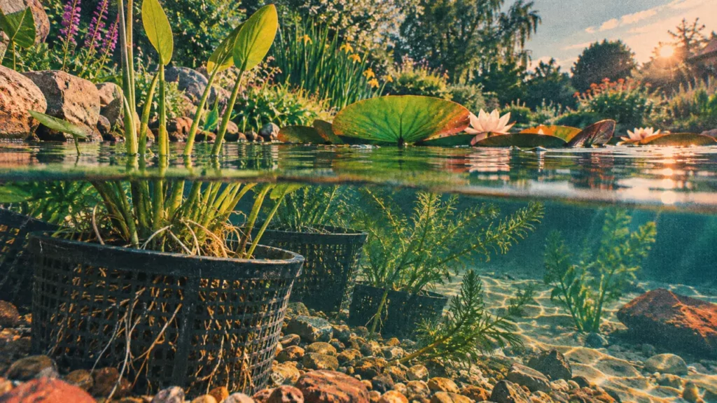 Plantes pour bassin extérieur : eau claire, racines et plantes aquatiques stabilisent le bassin