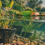 Plantes pour bassin extérieur : eau claire, racines et plantes aquatiques stabilisent le bassin