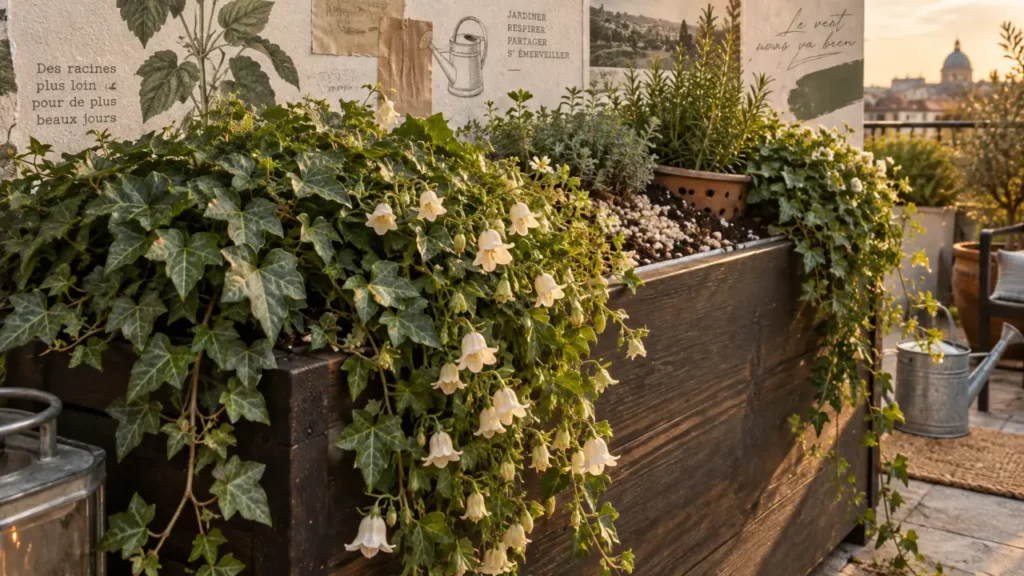 Plantes retombantes extérieur vivace en jardinière : lierre et campanule
