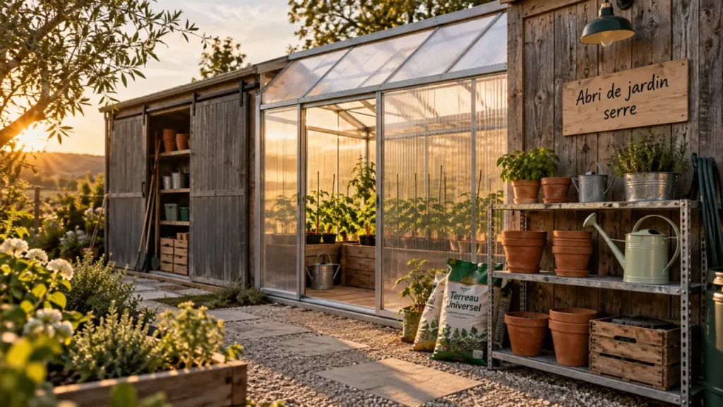 Abri de jardin et serre avec rangements et semis de tomates