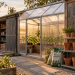 Abri de jardin et serre avec rangements et semis de tomates