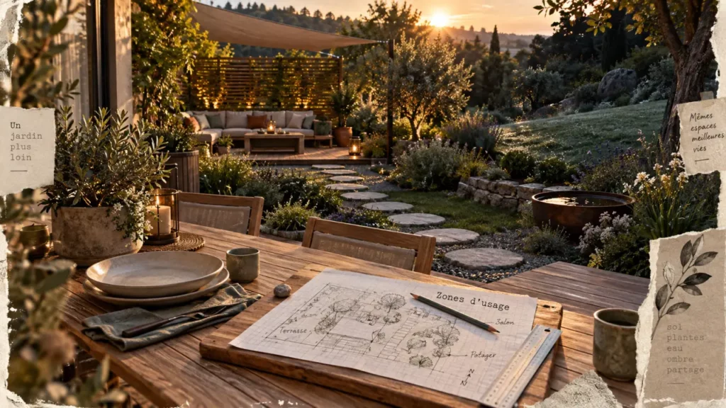 Aménagement terrasse et jardin : méthode en trois zones, terrasse bois et chemin de pas japonais