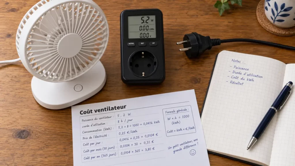 Consommation ventilateur 50 W : coût par nuit en €.
