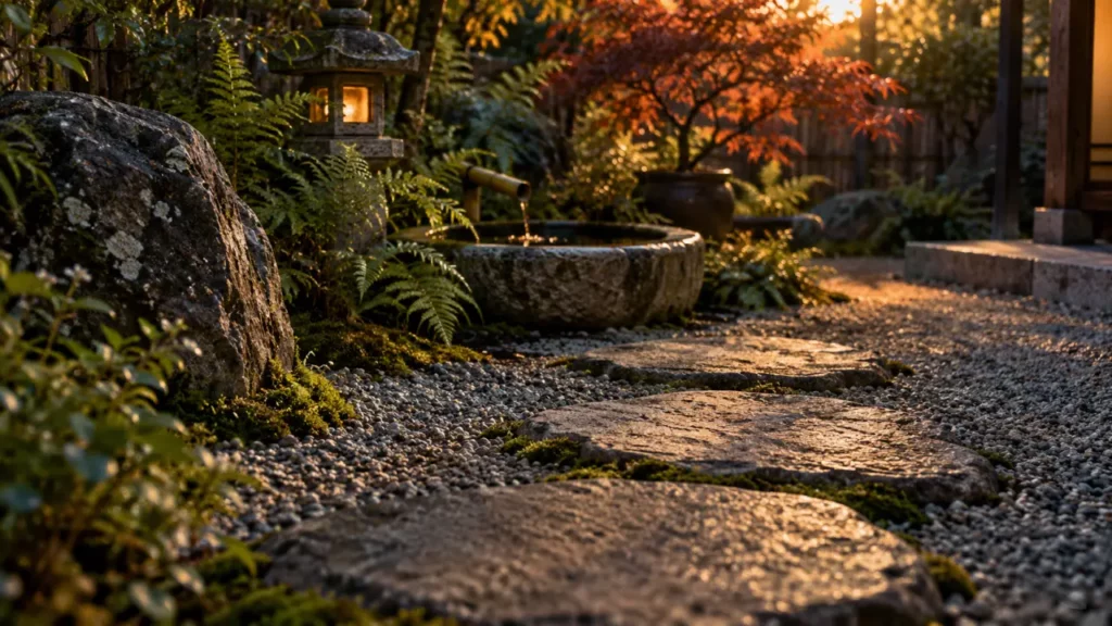 Décoration pour jardin japonais : pas japonais, lanterne et tsukubai