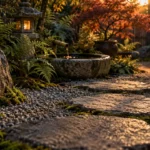 Décoration pour jardin japonais : pas japonais, lanterne et tsukubai