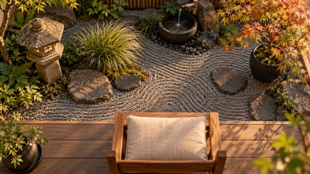 Décoration jardin zen : table zen minimaliste, gravier et pierres
