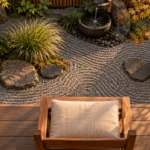 Décoration jardin zen : table zen minimaliste, gravier et pierres