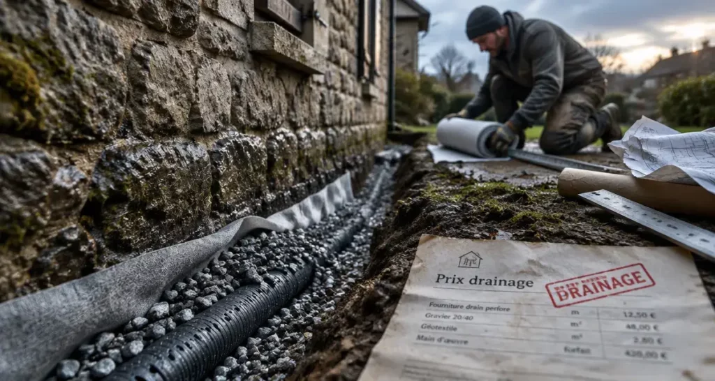 Drainage maison ancienne prix : tranchée et drain avec géotextile