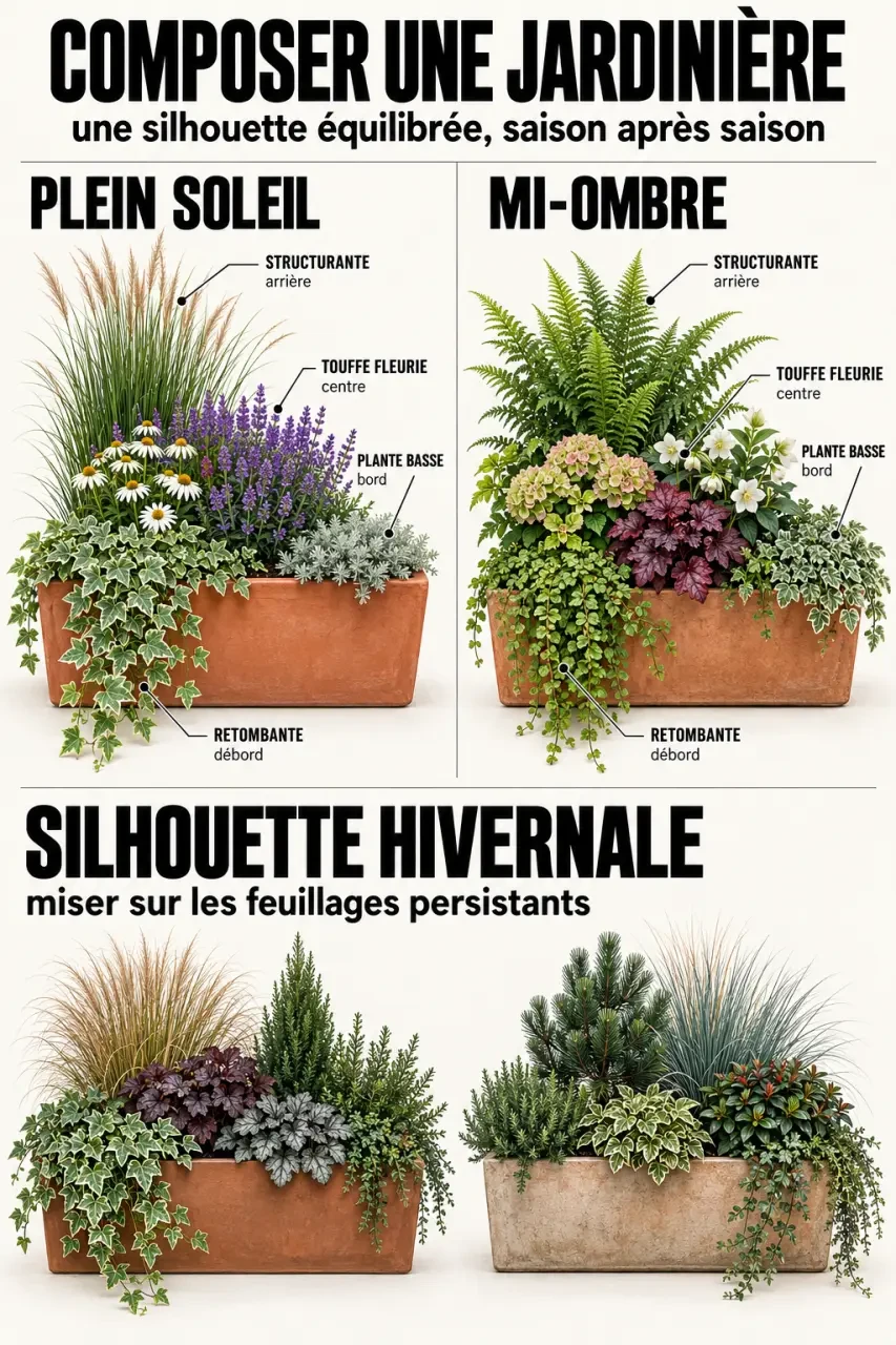 Schéma de composition de plantes pour jardiniere extérieur toute l'année avec plantes hautes, basses et retombantes