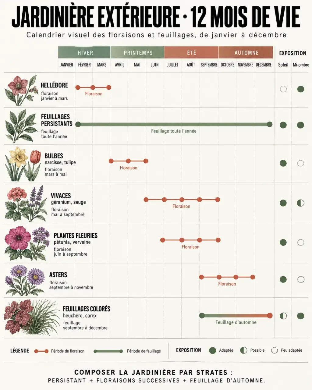 Calendrier des plantes pour jardiniere extérieur toute l'année selon les saisons et l'exposition