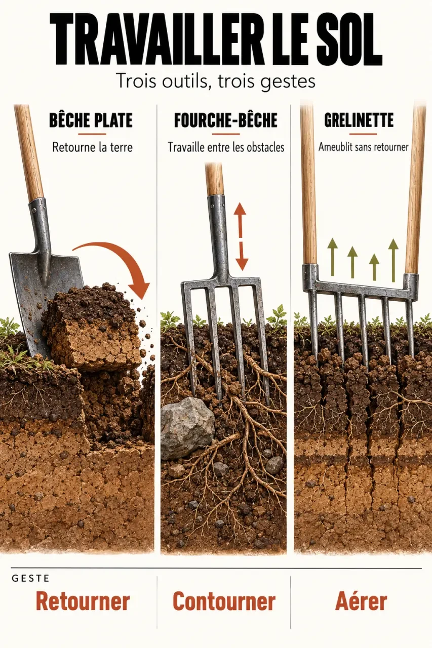 Infographie sur l’outillage de jardin comparant bêche, fourche-bêche et grelinette