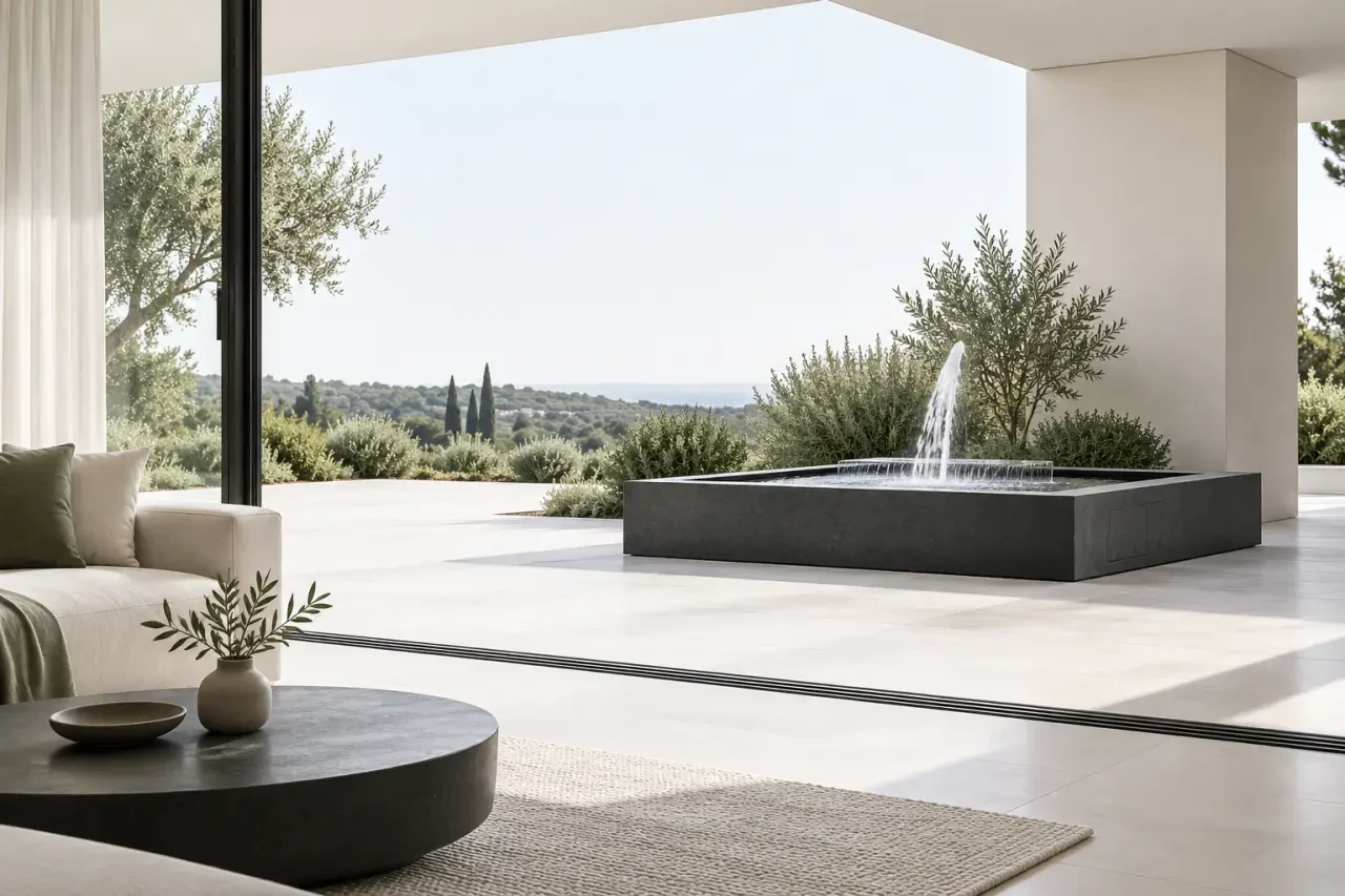 Installation et emplacement d’une fontaine décoration jardin accessible depuis la terrasse