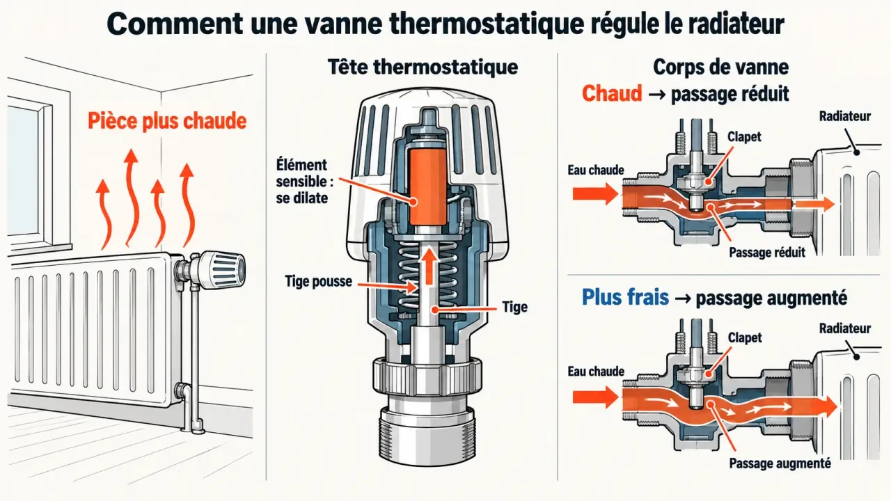 Schéma du fonctionnement d’une vanne thermostatique et de la régulation du débit d’eau dans un radiateur