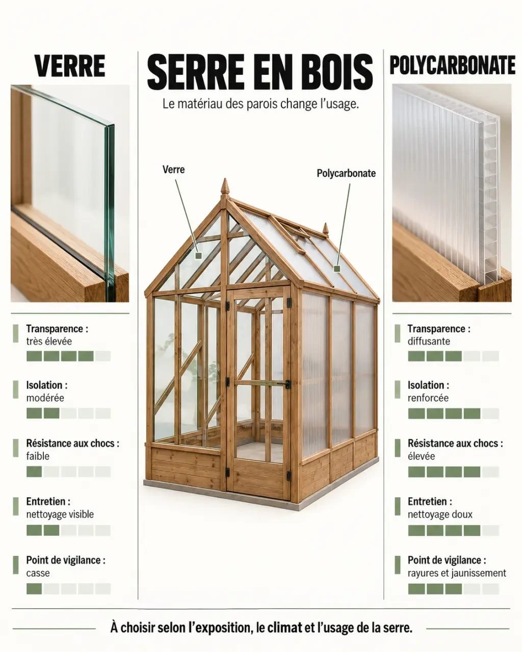 Infographie comparative sur une serre de jardin bois avec vitrage en verre ou polycarbonate