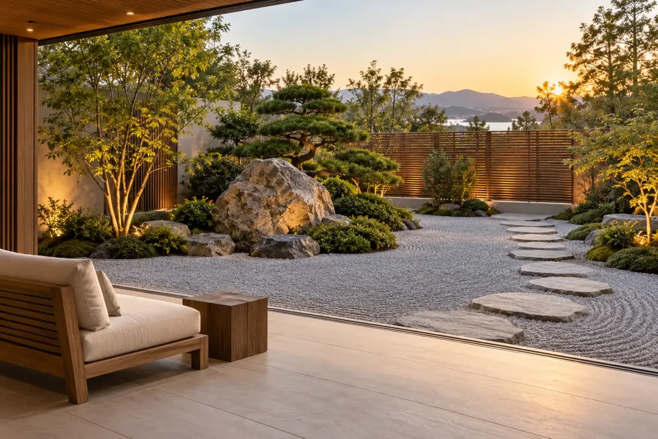 Aménagement d’une décoration jardin zen avec point focal, pas japonais et assise