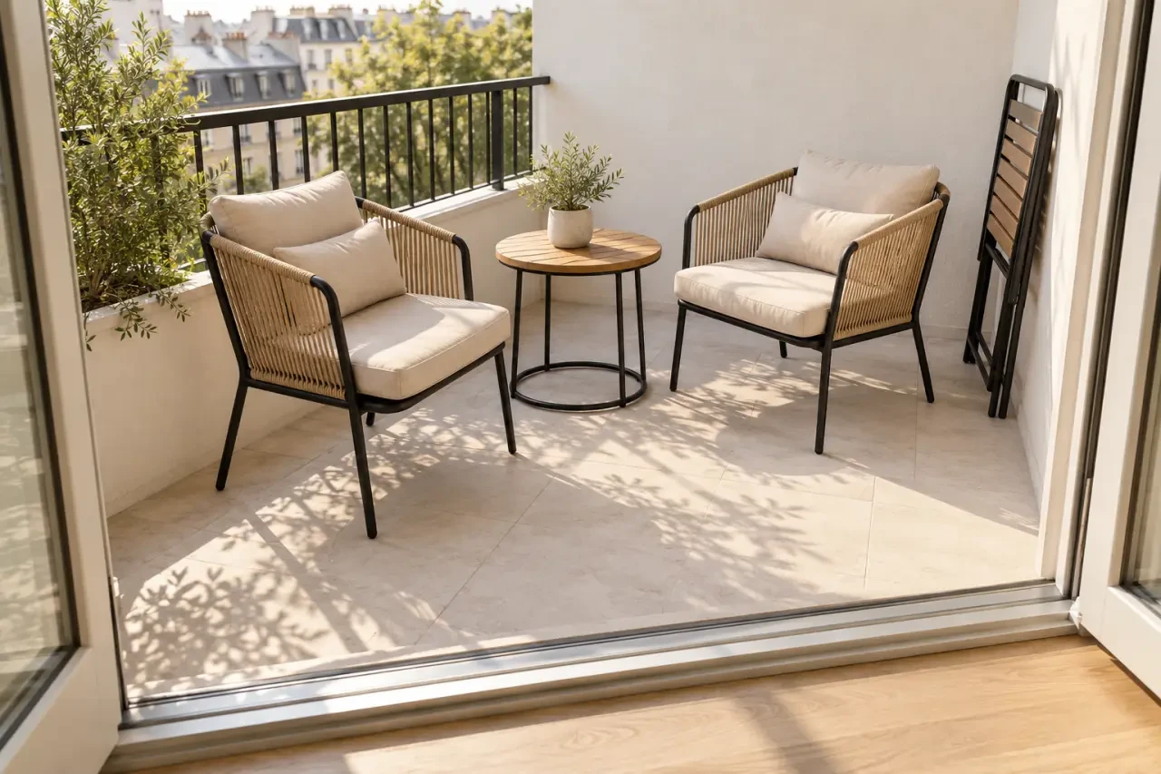 Aménagement d’un petit salon de jardin sur un balcon avec espace de circulation