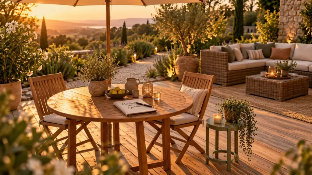 Mobilier jardin sur terrasse en bois : table ronde, chaises et salon détente