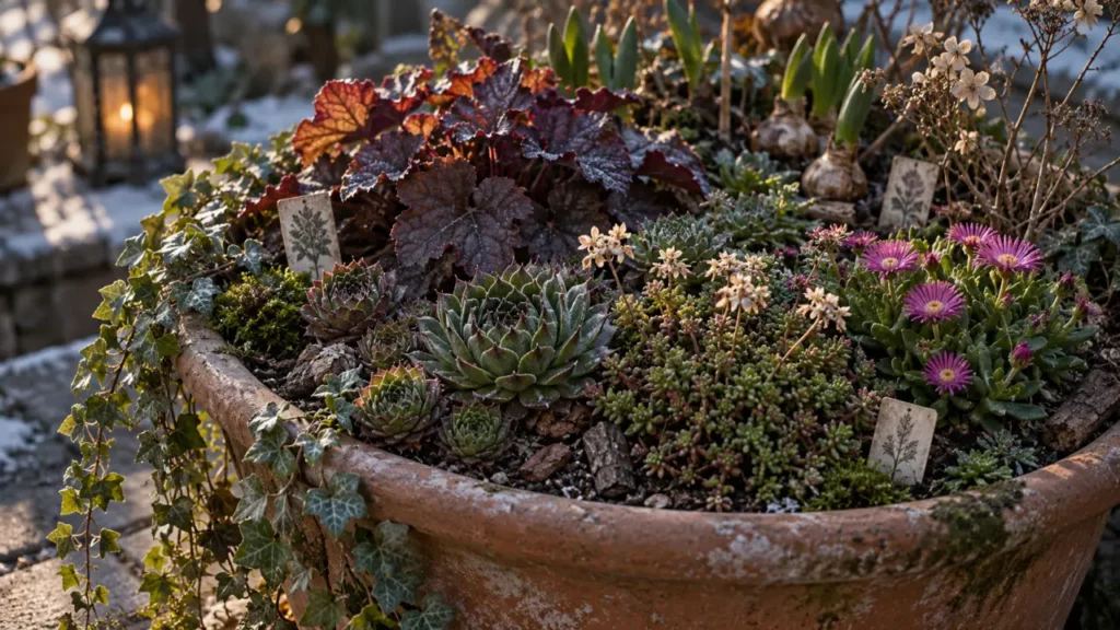 Plantes pour jardiniere extérieur toute l'année : joubarbes, sédum et lierre en jardinière
