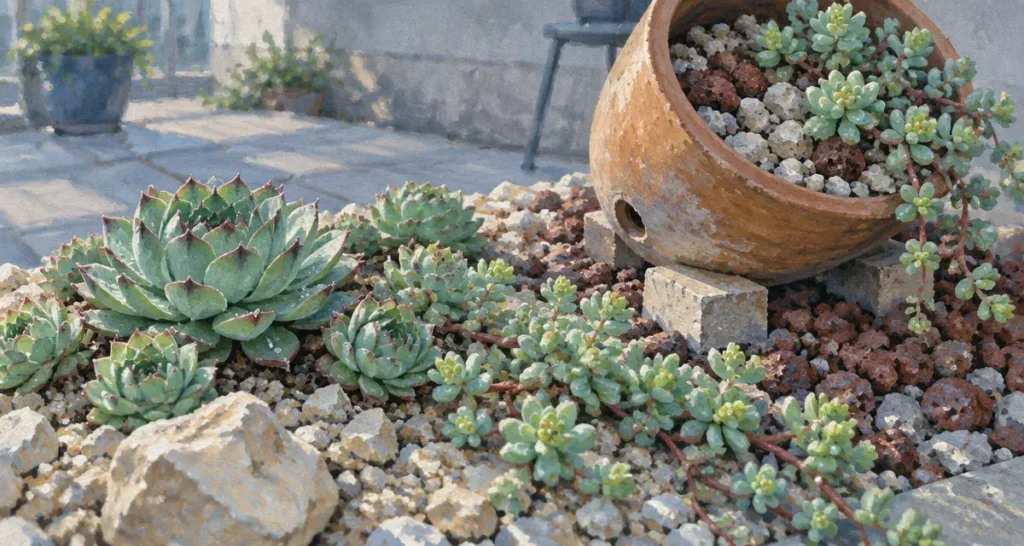 Plantes succulentes extérieur : joubarbes et sedum sur rocaille