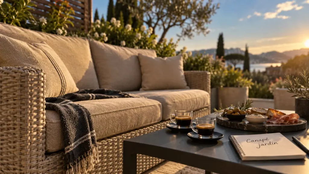 Salon de jardin canape : canapé extérieur beige sur terrasse