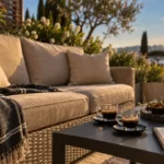 Salon de jardin canape : canapé extérieur beige sur terrasse