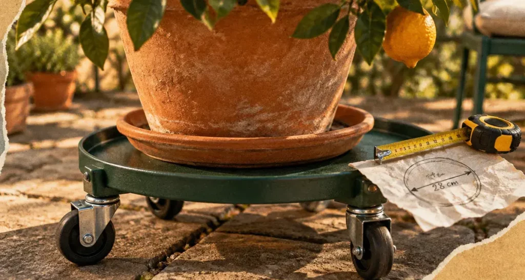 Support à roulettes pour plantes extérieur : mesure du fond du pot rempli sur terrasse